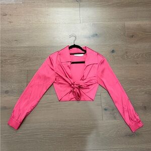 Meshki Hot Pink Tie-Front Satin Crop Top